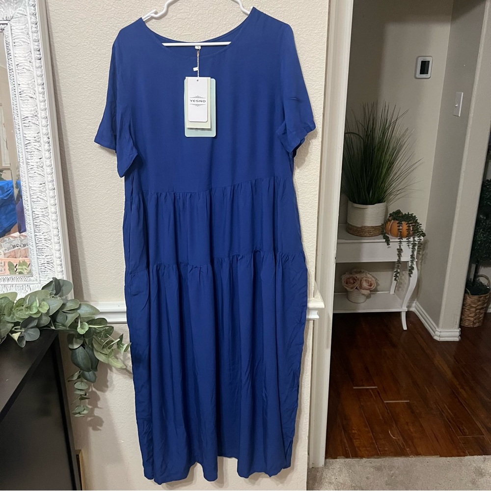 Navy blue Dress Loose Short Sleeve Long Skirt Top Round YESNO XL